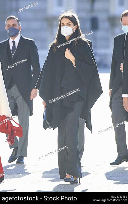 Queen Letizia of Spain, Margarita Robles attends the Celebratation New Year's Military Parade 2021 at Royal Palace on January 6, 2021 in Madrid, Spain