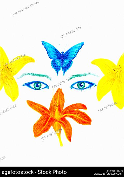 woman eyes with flower and butterfly, color pencil drawing, eye contact