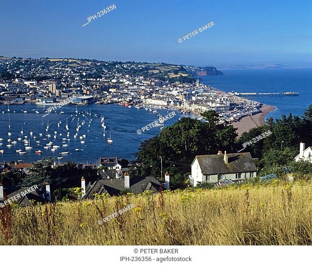 View from above the village of Shaldon which sits opposite Teignmouth at the mouth of the River Teign