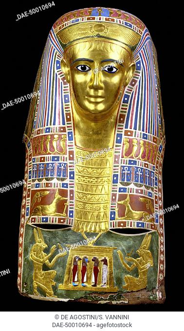 Male funerary mask, gilded and painted cartonnage, from Meir. Egyptian Civilisation, Ptolemaic Period.  Cairo, Egyptian Museum