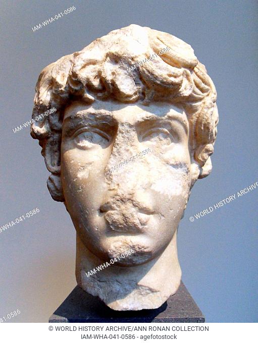 Marble portrait head of Antinous ca. A.D. 130-138, Roman portrait head from a monumental statue of Antinous was the young lover of the Roman emperor Hadrian