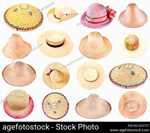 set of various summer straw hats isolated on white background