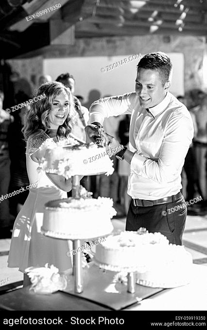 Happy bride and groom cut the wedding cake. Wedding celebration. Black and white image