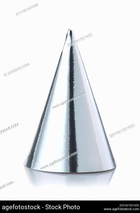 Front view of silver party cone cap isolated on white