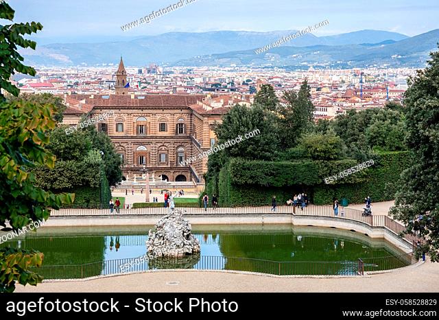 FLORENCE, TUSCANY/ITALY - OCTOBER 20 : View towards Palazzo Pitti in Boboli Gardens Florence on October 20, 2019. Unidentified people