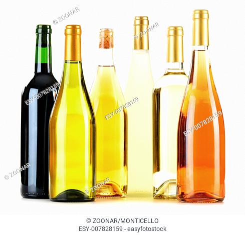 Composition with variety of wine bottles isolated on white