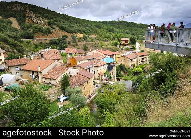 Village general view and people in a viewpoint. Tobera. Frias, Burgos, Castilla y Leon, España