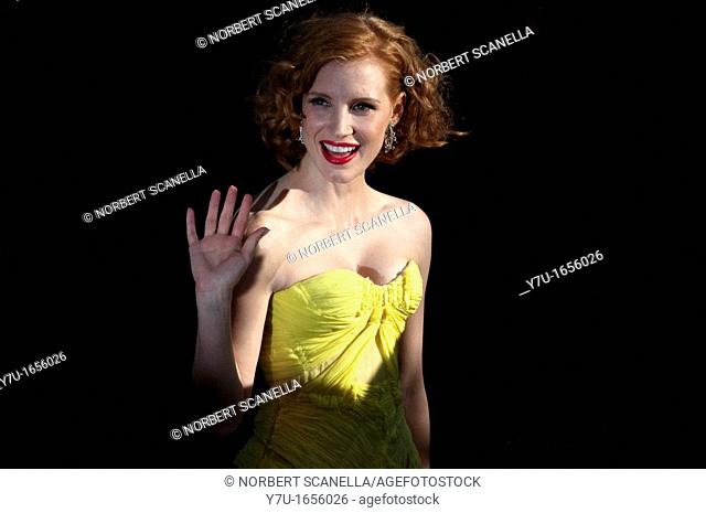 Europe, France, 06, Cannes Film Festival  The American actress, Jessica Chastain, before climbing the stairs, to present the film director Terrence Malick
