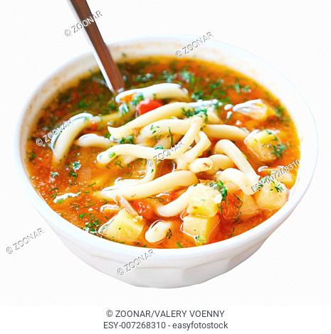 lagmon soup in white bowl isolated