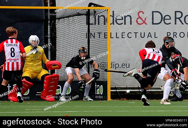 Leopold's Tom Degroote scoring the 3-2 goal during a hockey game between Royal Leopold Club and Royal Racing Club Bruxelles, Sunday 19 November 2023