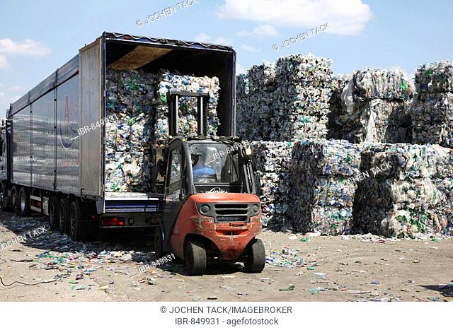 Plastic recycling, PET bottles and plastic rubbish are shredded and pressed, Essen, North Rhine-Westphalia, Germany, Europe