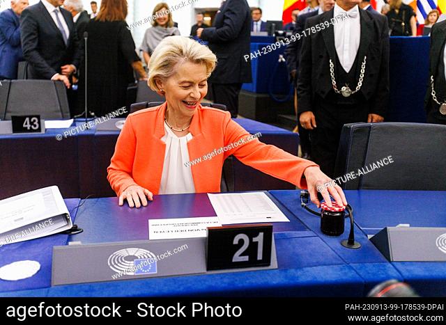 13 September 2023, France, Straßburg: Ursula von der Leyen (CDU, EPP Group), President of the European Commission, sits in the European Parliament building...