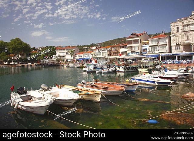 View to the traditional fishing boats in front of the wooden houses in Burgazada island, ancient Antigoni, Princes' Islands, Istanbul, Marmara Region, Turkey