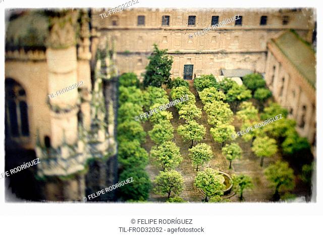 View of the Orange Tree Yard from the top of the Giralda tower, Seville, Spain. Tilted lens used for a shallower depth of field