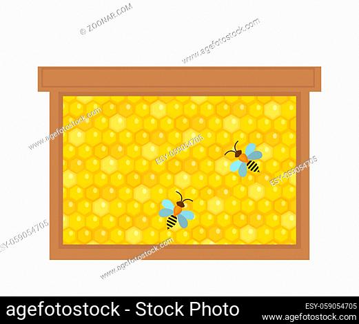 Honeycomb in wooden frame icon, flat style. Isolated on white background. illustration, clip-art