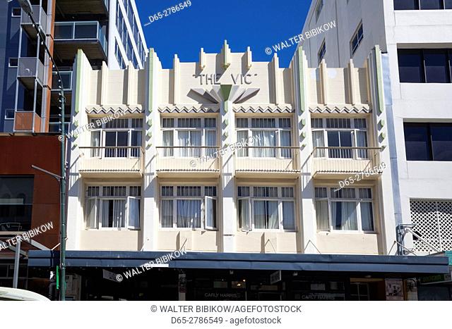 New Zealand, North Island, Wellington, Cuba Street, detail of The Vic building