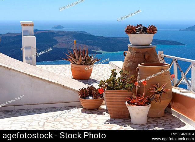 Typical street view of Fira village, Santorini island, Greece