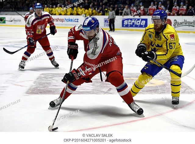 Jan Kovar and Michal Kempny (both CZE), left to right, and Linus Omark (SWE) in action during the Euro Hockey Tour series match Czech Republic vs Sweden in...