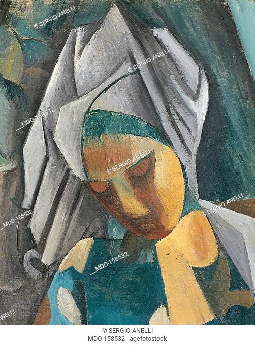 Queen Isabeau, by Pablo Picasso, 1909, 20th Century, oil on canvas, cm 92 x 73. Russia, Moscow, Pushkin Museum. Detail. Woman hat face