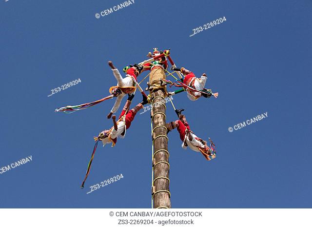 Papantla Flying Men, Xcaret Ecological Park, near Playa del Carmen, Cancun, Quintana Roo, Yucatan, Mexico