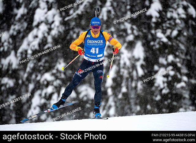 12 February 2021, Slovenia, Pokljuka: Biathlon: World Cup/World Championships, Sprint 10 km, Men. Erik Lesser from Germany in action