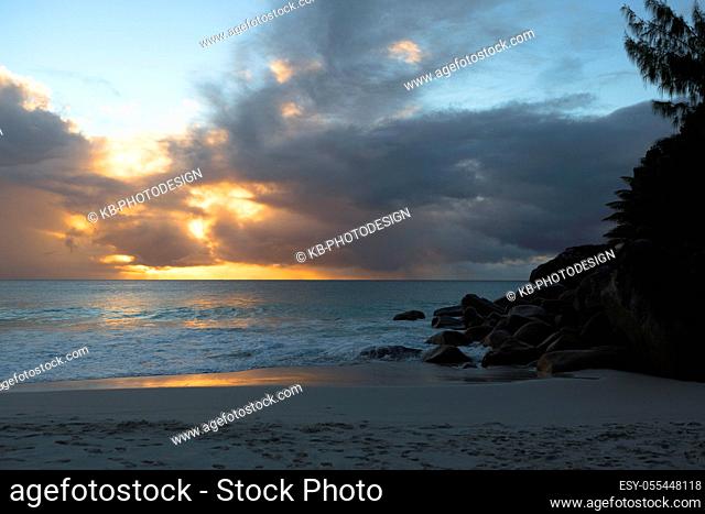 sunset, beach, sea, seychelles, praslin, anse georgette
