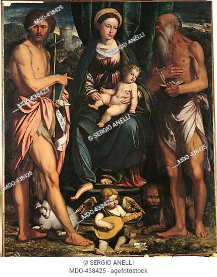 Madonna and Child with St John the Baptist and St Hieronymus, by Calisto Piazza, 16th Century, . Italy, Lombardy, Milan, Brera art gallery. All