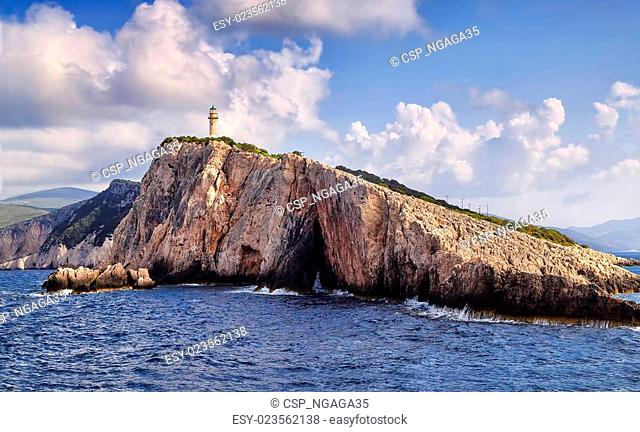 Old lighthouse over the cliff. Lefcada, Greece