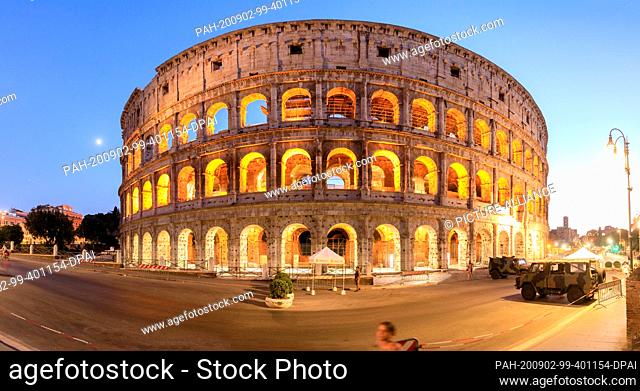27 August 2020, Italy, Rom: 28.08.2020, Rome, Italy: (EDITORS NOTE: Image is a panoramic composite) The Colosseum, originally the Flavian Amphitheater