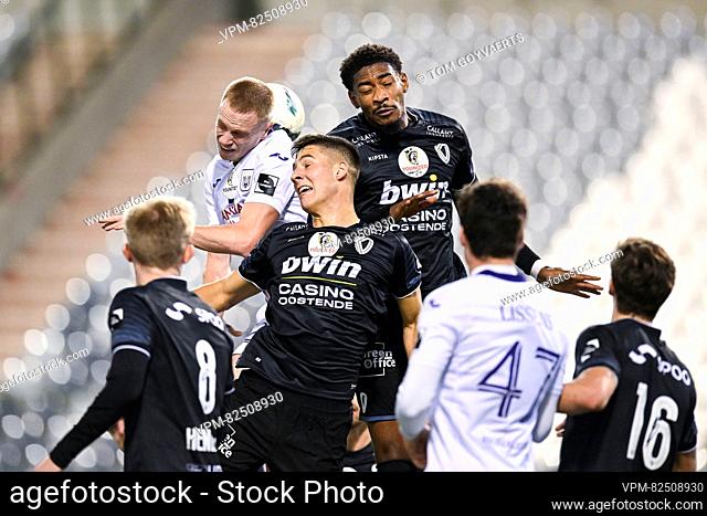 RSCA Futures' Ilias Takidine, Oostende's Massimo Decoene and Oostende's Zech Medley pictured in action during a soccer match between RSCA Futures (u21) and KV...