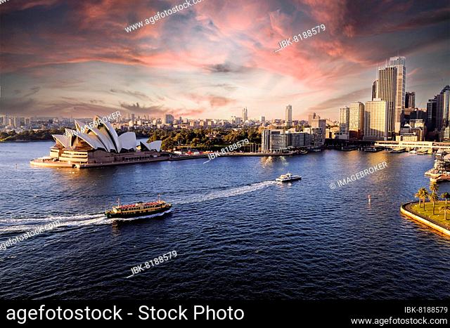 Sydney Opera House seen from the Harbour Bridge, early morning, Sydney, New South Wales, Australia, Oceania