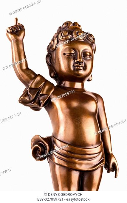 Young prince Siddhartha Gautama. The figure made of metal isolated on a white background