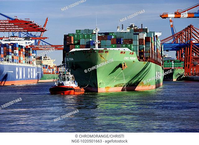 Container ship in Hamburg Harbour, Germany, Europe