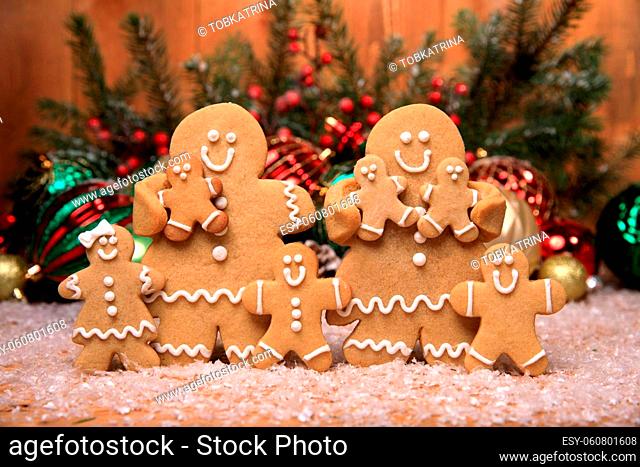 Gingerbread Family of 6 kids on Holiday Christmas Background