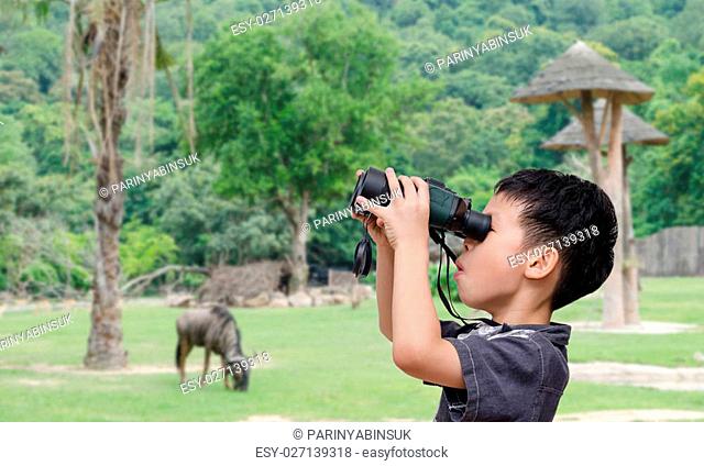 Young Asian boy using binoculars in open zoo