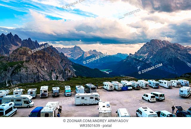 ITALY, Park Tre Cime: JULY 8, 2017: Viewing platform for motorhomes VR in National Nature Park Tre Cime In the Dolomites Alps