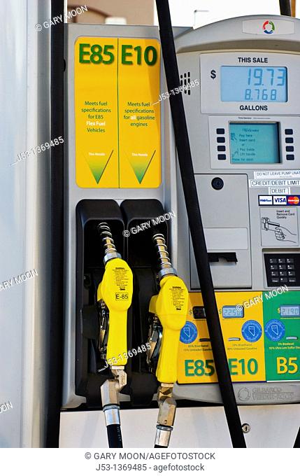 Ethanol fuel pumps, E85, E10, at retail fuel station, Minden Nevada