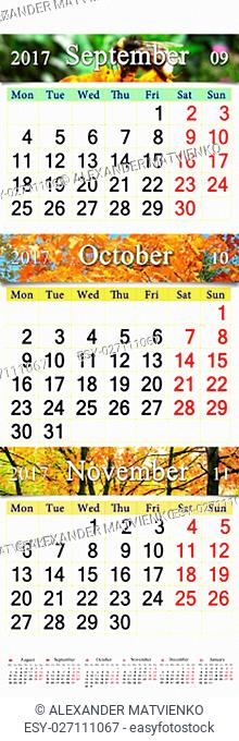 triple calendar for September October November 2017 with colored pictures of autumnal nature
