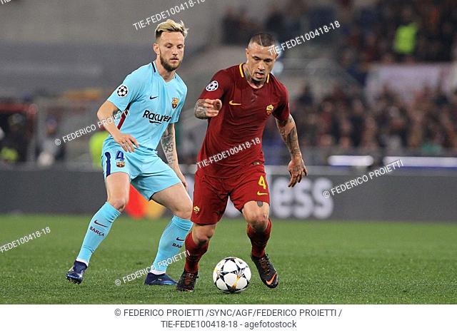 Ivan Rakitic of Barcelona, Radja Nainggolan of Roma during the football match, Olympic Stadium, Rome, ITALY-10-04-2018
