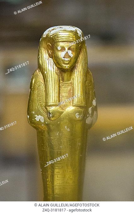 Egypt, Cairo, Egyptian Museum, from the tomb of Yuya and Thuya in Luxor : Ushebti, in wood covered with gold foils