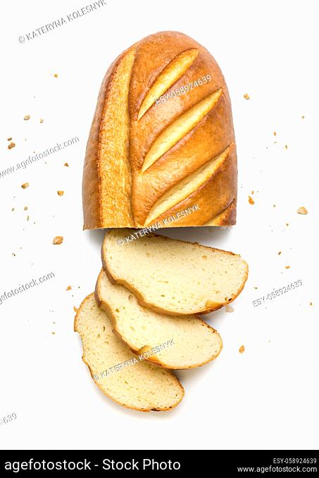 Sliced white long loaf isolated on a white background