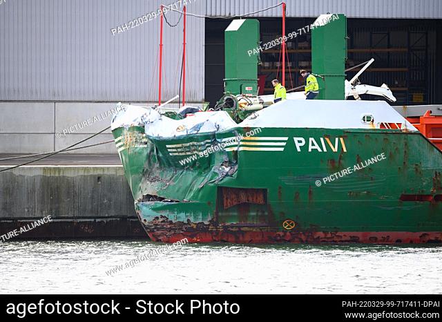 29 March 2022, Schleswig-Holstein, Kiel: The heavily bow-damaged ""Paivi"" lies on the quay in Nordhafen. Two cargo ships collided on the Kiel Canal near Kiel...