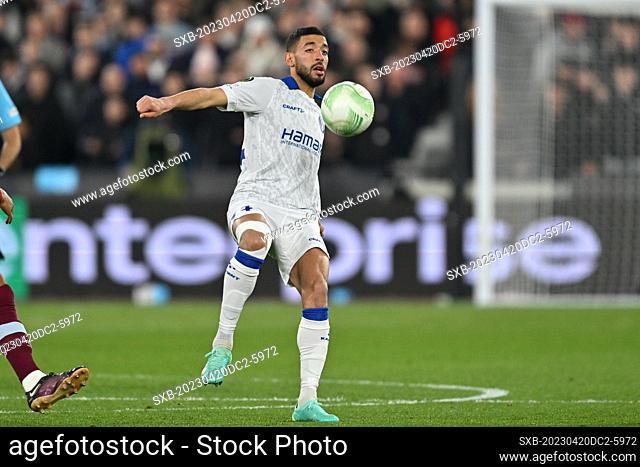 Tarik Tissoudali of Gent pictured during a soccer game between West Ham United and AA Gent during the second leg of the quarter final in the Uefa Conference...