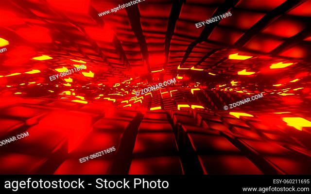 A 3D render of a moving abstract pattern with lit cubes