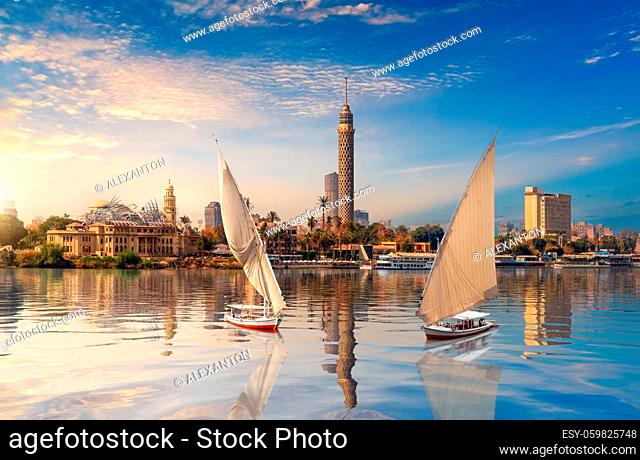 Cairo downtown, beautiful view of the Nile and sailboats, Egypt