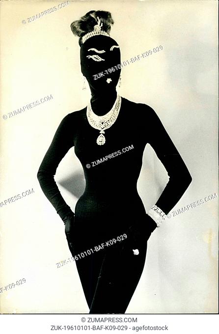 Jan. 01, 1961 - Paris fashions: 'DEMONIAC', featured at the Paris Fashion group parade 'A diamond holiday'. Taiga, the model wearing black tights and hood...