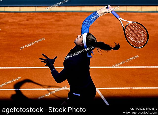 Karolina Muchova of Czech Republic in action during the match against Harriet Dart and Katie Swan of Britain at the women's tennis Billie Jean King Cup...