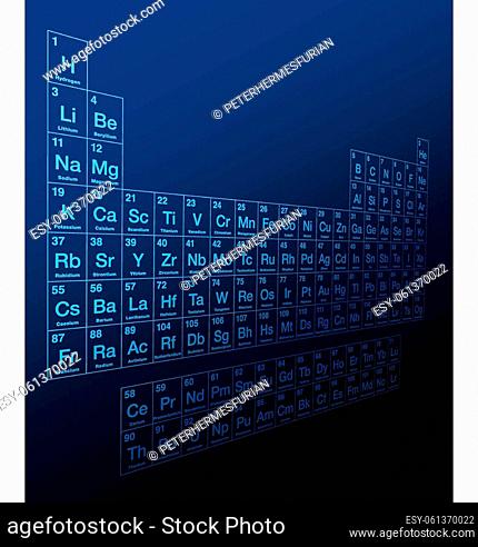 Periodic table of elements. Three dimensional side view of a blue colored Periodic table on dark blue background. Tabular display of 118 known chemical elements...