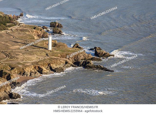 France, Vendee, Saint-Hilaire-de-Riez, Pointe de Grosse Terre lighthouse (aerial view)