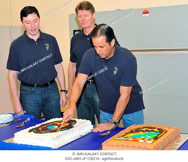 Expedition 3132 crew members are pictured during a cake-cutting ceremony in the Jake Garn Simulation and Training Facility at NASA's Johnson Space Center